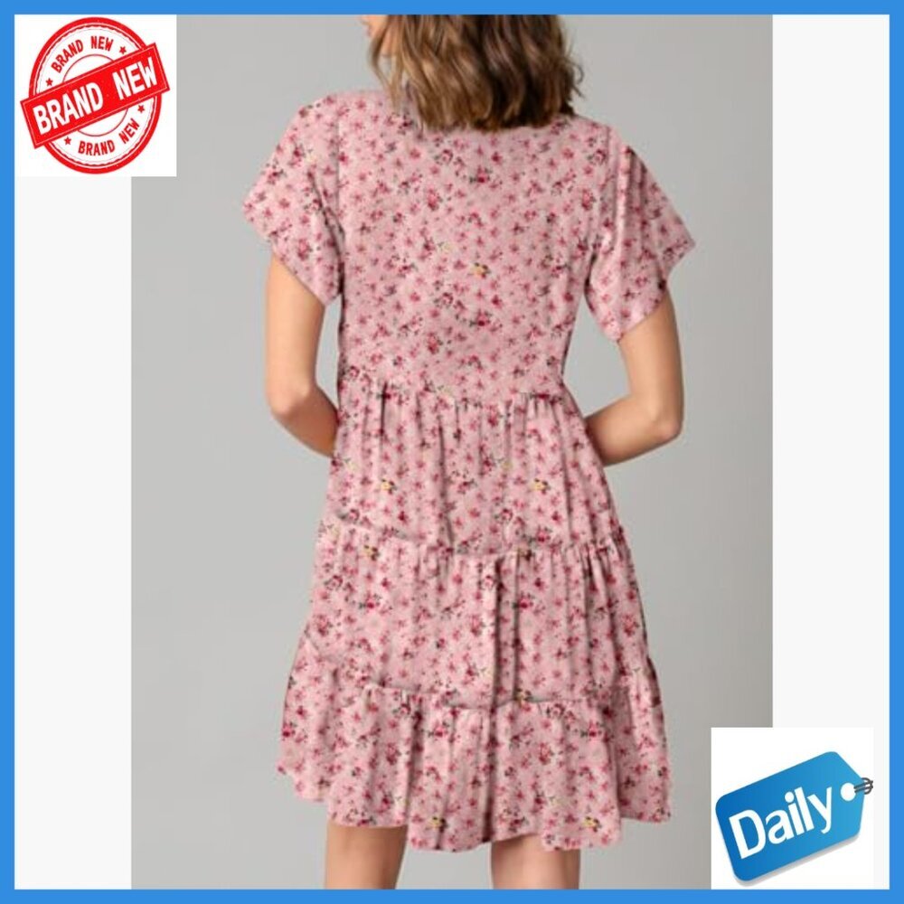 Viscose Mini Dress V-Neck Short Sleeve Boho Flowy Swing A-Line - Picture 3 of 5
